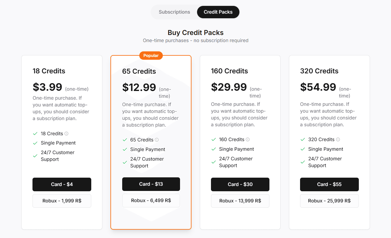 RoVisuals one-time credit packs, Robux accepted